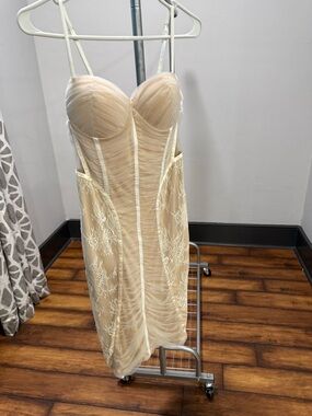 Strapless Ruched Midi Dress in Beige